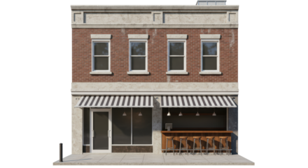 Isolated Two-Story Brick Building Facade with Awning and Bar Setup