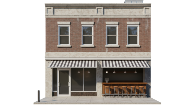 Isolated Two-Story Brick Building Facade with Awning and Bar Setup