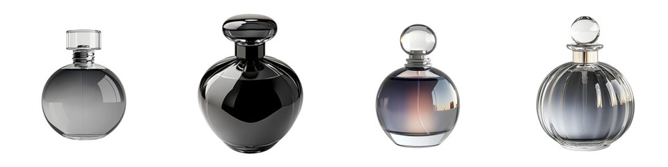 Set of transparent glass perfume bottle with an elegant round shape, isolated on transparent background. 