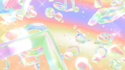 ガラスや流体が浮かぶキラキラしたグラスモーフィズム風の立体空間 - レインボー