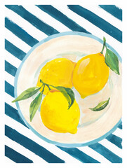Trendy summer tropical poster featuring hand-painted lemons on a plate over a striped background. Rendered in bold acrylic style, this fresh and vibrant design is ideal for kitchen prints, packaging