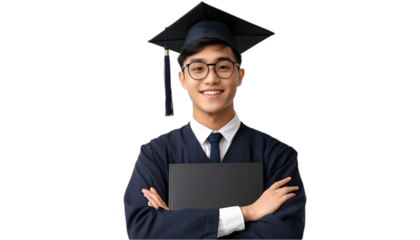 Happy Graduate: Asian Male in Cap and Gown, Celebrating Graduation Success on white background