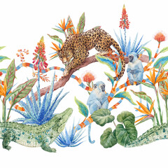 Handmade watercolor seamless pattern of tropical jungle with leopard, monkeys, crocodiles, and exotic plants. A vibrant floral border ideal for wallpaper, textiles, children s decor, and nature