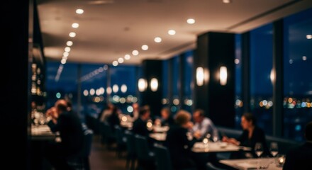 Blurred scene of patrons enjoying a sophisticated evening in a high end restaurant or bar