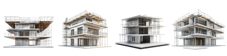 Fototapeta premium Set of 3D model of a modern concrete house under construction, isolated on transparent background.