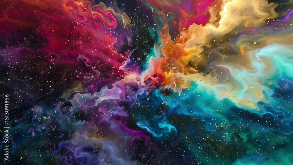 Poster a vibrant cosmic collision of colors creating an enchanting spectacle in the vastness of space durin