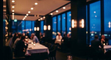 Blurred scene of a high end restaurant interior with patrons and city lights at evening