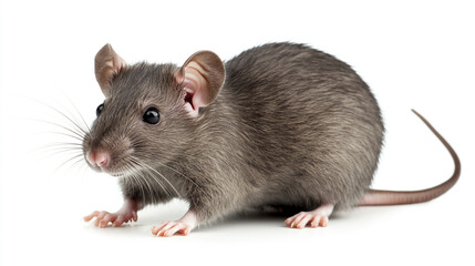 A curious gray rat exploring on a white background, with bright eyes and a twitching nose