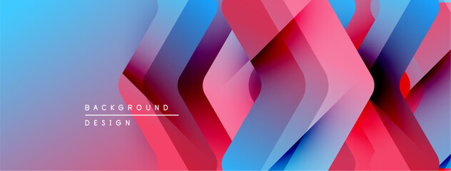 Abstract geometric shapes overlap, creating vibrant blue, pink gradients. Modern design suggests dynamic movement, visual interest.