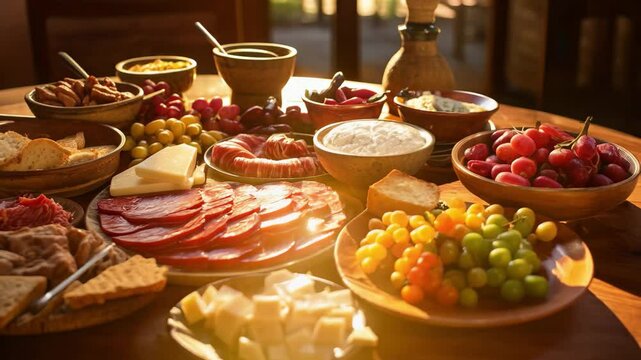 A rustic picada spread featuring traditional finger foods and fresh ingredients on a wooden table in a cozy dining setting during a sunny afternoon