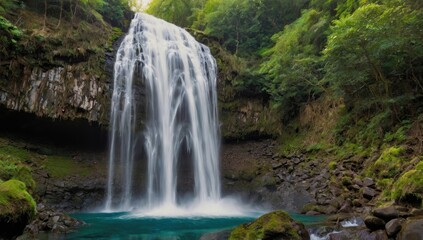 Naklejka premium Scenic Waterfall in Lush Green Forest