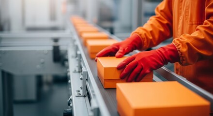 Worker placing orange boxes on a conveyor belt in a factory for efficient production