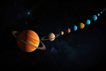 Fototapeta premium A basketball floats through the cosmic blue sky, a star in a galaxy of planets and light.