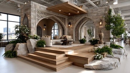 Peaceful lounge area with elegant architecture and warm tones high resolution photo