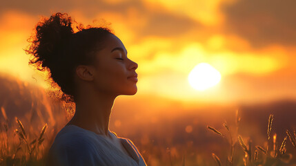 A mixed-race woman relaxes and breathes in the fresh, calming air outdoors during a peaceful sunset, embracing