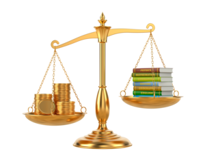 Books and money on scale. Isolated 3D illustration on white background