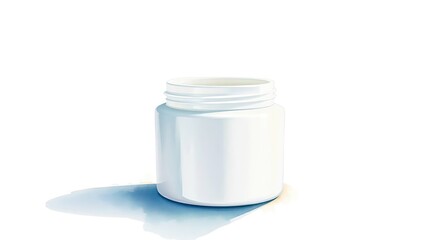 A white plastic jar with a wide mouth, empty and open, casting a subtle shadow on a blue surface