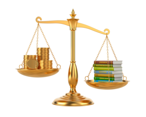 Books and money on scale. Isolated 3D illustration on white background