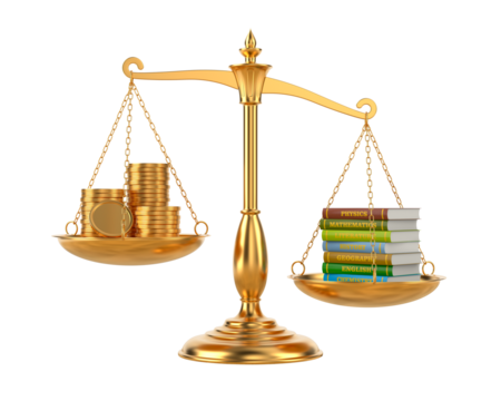 Books and money on scale. Isolated 3D illustration on white background