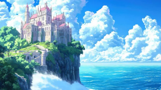 Fairytale architecture on a cliff by the sea showcases fantasy landscape and anime artwork