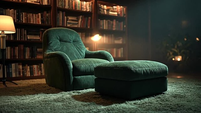 Cozy reading corner with a green chair and ottoman