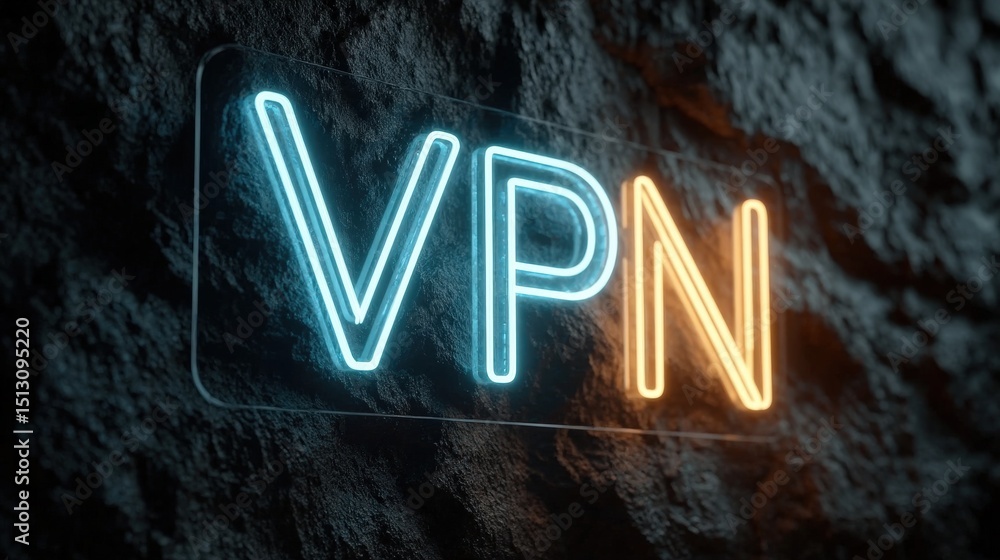 Poster vpn secure connection: a neon sign displays the letters 