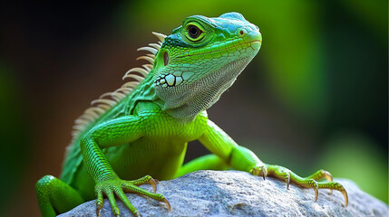 Fototapeta premium A vibrant green lizard perched gracefully on a sun-warmed rock
