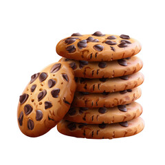 Stacks of chocolate chip cookies with a golden-brown color and visible chocolate chunks. transparent background