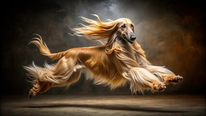 Low Light Afghan Hound Studio Jump, Sand-Colored Dog Photography, Canine Action Shot, Dramatic Pet Portrait
