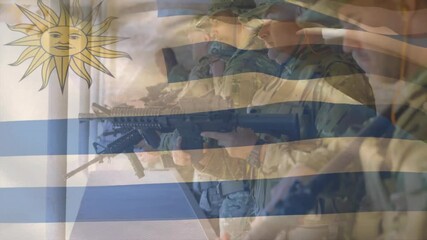 On drill command soldiers inspecting rifles chambering and saluting under Uruguay flag overlay - Powered by Adobe
