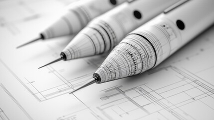 Close-up view of technical drawing tools on blueprints in a design workspace during the day