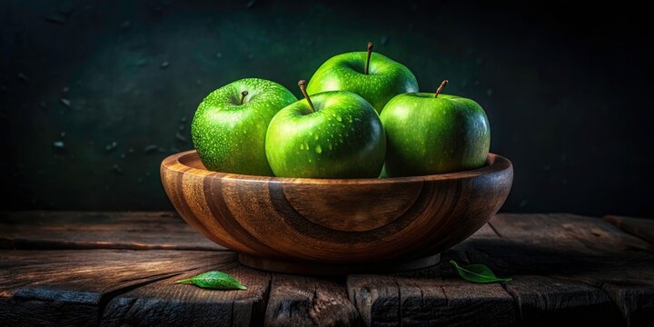 Low Light Photography: Green Simirenko Apples in Wooden Bowl - Dark Background Stock Photo