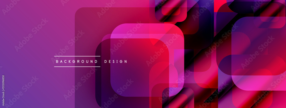Poster Abstract geometric composition. Overlapping squares create dynamic purple, pink gradient effect. Modern background design element.