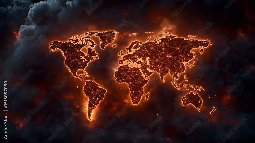 Poster an orange glowing outline of a world map with interconnected nodes, set against a backdrop of dark, 
