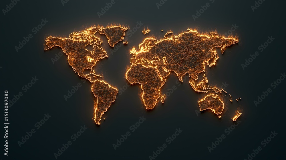 Poster a fiery orange world map constructed from interconnected lines of light against a dark grey backgrou