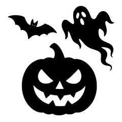 Halloween pumpkin with smiling face, bats, and ghost silhouettes  