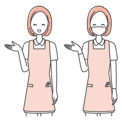 イラスト素材:笑顔で案内する、エプロン着用の歯科衛生士/歯科助手・介護士・保育士（モノトーン）