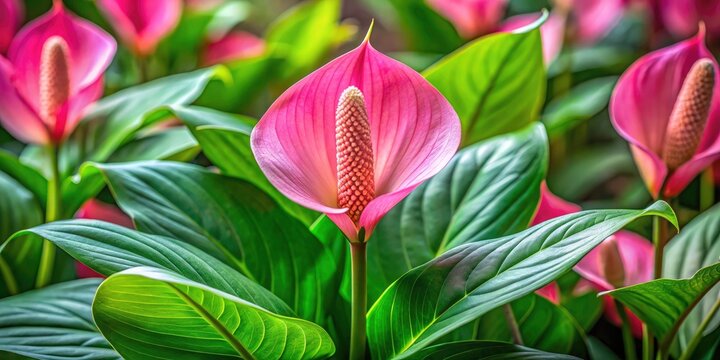 Panoramic Pink Spathiphyllum Houseplant Photography: Blooming Peace Lily, Indoor Plant, Lush Foliage, Vibrant Flowers