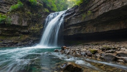 Obraz premium Scenic Waterfall in Lush Green Forest