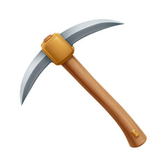 A detailed pickaxe with a wooden handle and a metallic blade, designed for mining or excavation tasks. transparent background