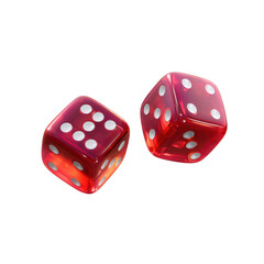 Two red dice with white pips resting on a surface. transparent background