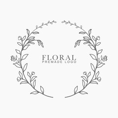 Vector floral hand drawn logo template in elegant and minimal style with black color on grey background illustration. Circle frames logos. For badges, labels, logotypes and branding business identity.