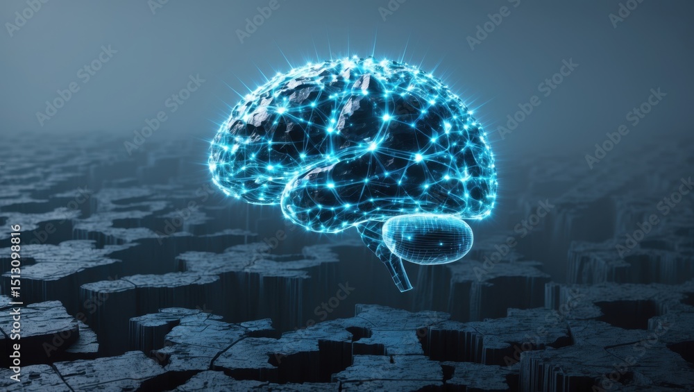 Poster exploring the abstract representation of a digital brain in a futuristic landscape during twilight
