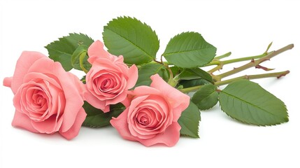 Naklejka premium Pink roses with green leaves in watercolor style, symbolizing natural beauty and delicate elegance.