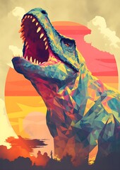 T-Rex beneath fragmented vibrant sky