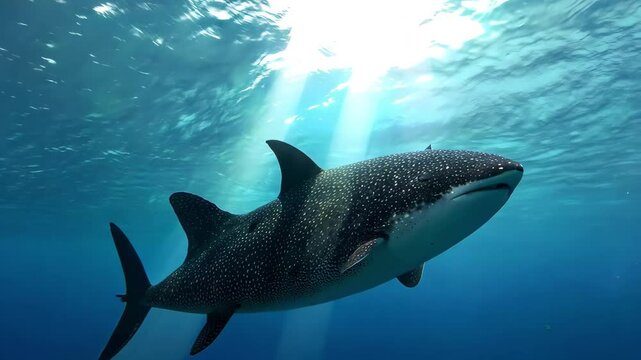 Whale shark gliding gracefully underwater in high contrast, showcasing intricate patterns in sunlight filtering through the ocean depths
