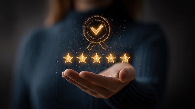 Exemplary Service: A person presents a symbol of a perfect five-star rating, symbolizing unparalleled quality and customer satisfaction.