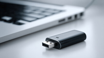 Fototapeta premium Compact USB drive and laptop corner visible