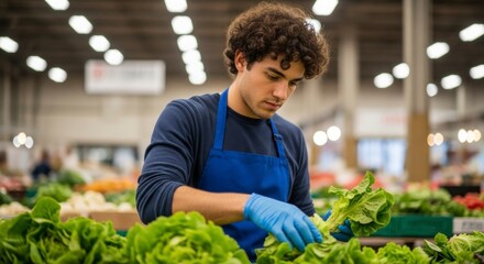 Young man in blue apron and gloves sorting fresh green lettuce at a market