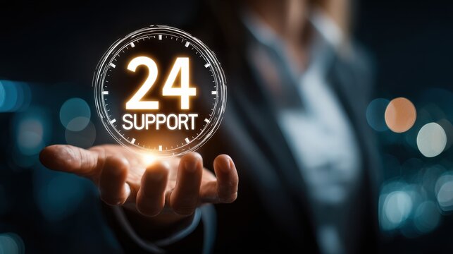 Unwavering Support: A determined person, their hand outstretched, presents a glowing emblem of round-the-clock assistance. Capturing the essence of constant availability and customer-centric care.